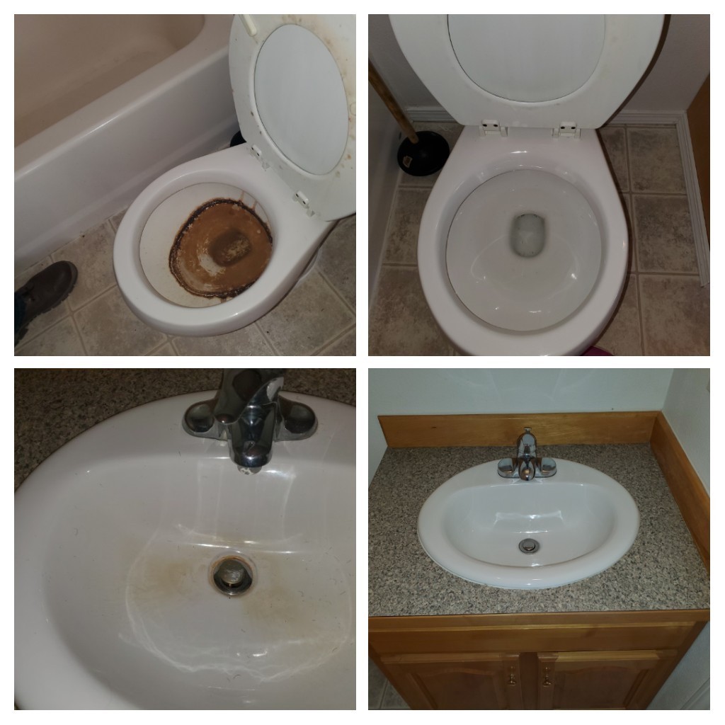 Before and after comparison of a washroom transformation. The before image shows a cluttered washroom with dirty tiles and a disorganized vanity. In contrast, the after image reveals a sparkling clean washroom with gleaming tiles and a neatly organized vanity